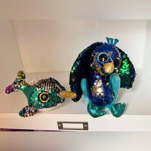 TY Flippables Tyson the Peacock & Calypso the Narwhal EUC collectible plush
